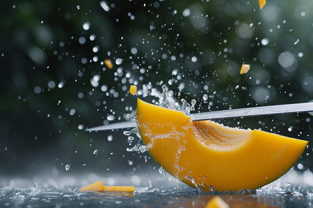mango slices with knife and water drops and splashes on blue background, berrypunk, still lifeの素材