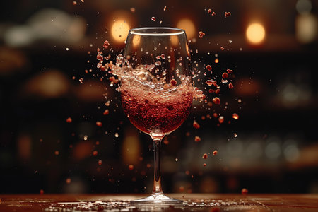 wine splashing into a glass, slow motion, long exposure, copy space on interior blurred backgroundの素材
