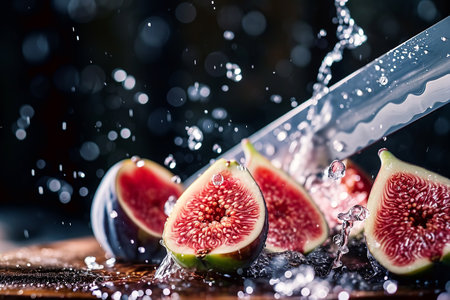 fig slices with knife and water drops and splashes on natural background, berrypunk, still lifeの素材