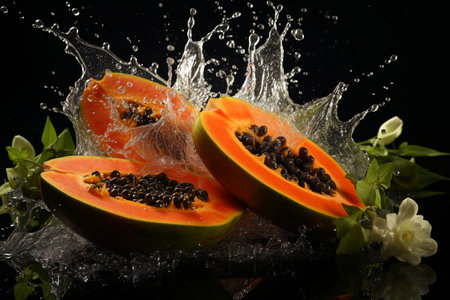 papaya slices with knife and water drops and splashes on black background, berrypunk, still lifeの素材