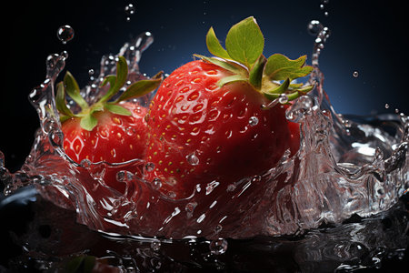 strawberry slices with knife and water drops and splashes on black background, berrypunk, still lifeの素材