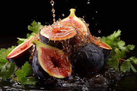 fig slices with knife and water drops and splashes on black background, berrypunk, still lifeの素材
