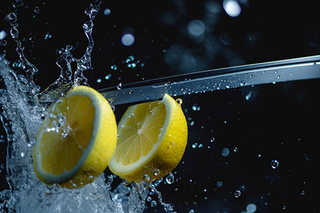lemon slices with knife and water drops and splashes on dark blue background, berrypunk, still lifeの素材