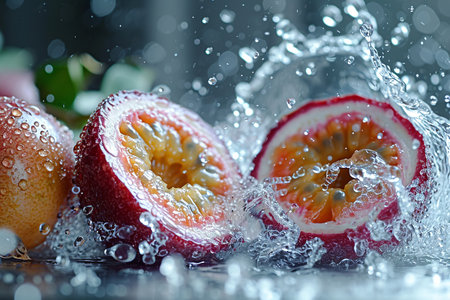 passion fruit slices with knife and water drops and splashes on natural background, berrypunk, still lifeの素材