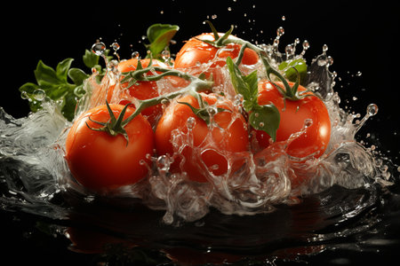 tomato slices with knife and water drops and splashes on black background, berrypunk, still lifeの素材