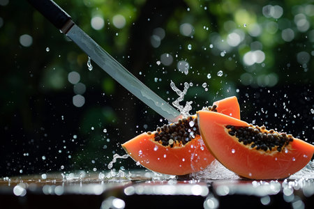 papaya slices with knife and water drops and splashes on natural background, berrypunk, still lifeの素材
