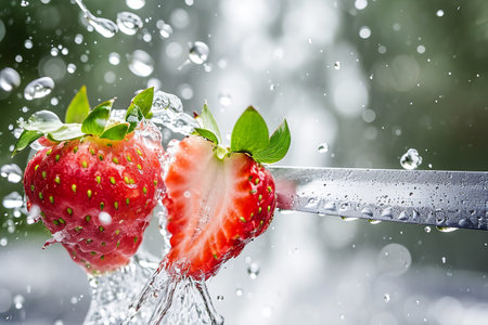 strawberry slices with knife and water drops and splashes on natural background, berrypunk, still lifeの素材