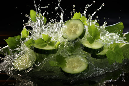 cucumber slices with knife and water drops and splashes on dark background, berrypunk, still lifeの素材