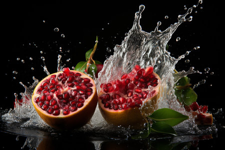 pomegranate slices with knife and water drops and splashes on black background, berrypunk, still lifeの素材