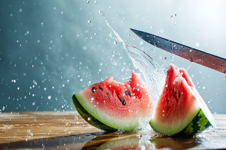 watermelon slices with knife and water drops and splashes on dark blue background, berrypunk, still lifeの素材