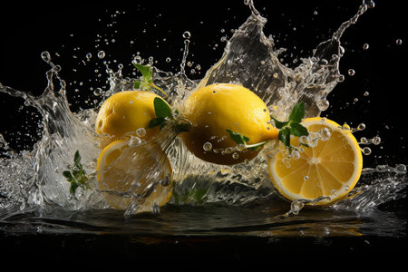 lemon slices with knife and water drops and splashes on dark background, berrypunk, still lifeの素材