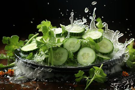cucumber slices with knife and water drops and splashes on dark background, berrypunk, still lifeの素材