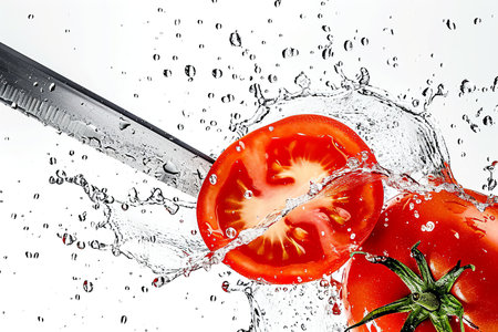 tomato slices with knife and water drops and splashes on white background, berrypunk, still lifeの素材