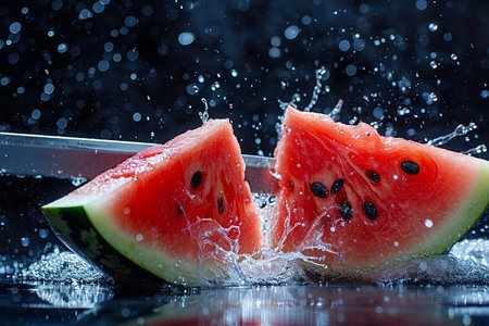 watermelon slices with knife and water drops and splashes on dark blue background, berrypunk, still lifeの素材
