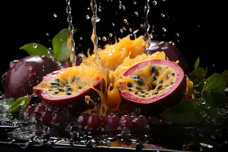 passion fruit slices with knife and water drops and splashes on black background, berrypunk, still lifeの素材
