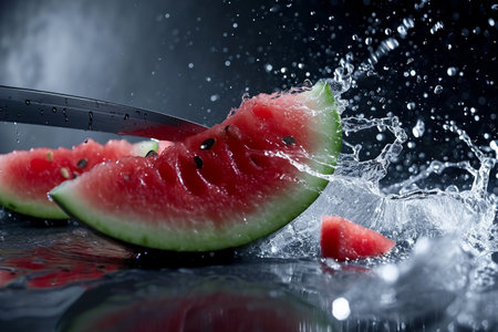 watermelon slices with knife and water drops and splashes on dark blue background, berrypunk, still lifeの素材