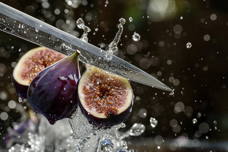 fig slices with knife and water drops and splashes on natural background, berrypunk, still lifeの素材