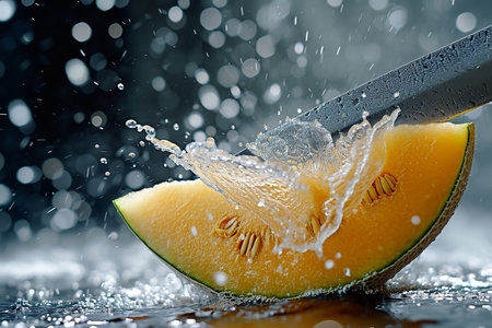 cantaloupe melon slices with knife and water drops and splashes on dark blue background, berrypunk, still lifeの素材