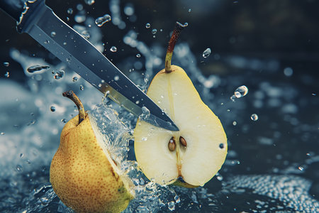 pear slices with knife and water drops and splashes on natural background, berrypunk, still lifeの素材