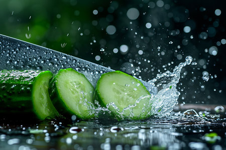 cucumber slices with knife and water drops and splashes on natural background, berrypunk, still lifeの素材