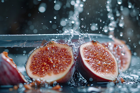 fig slices with knife and water drops and splashes on natural background, berrypunk, still lifeの素材