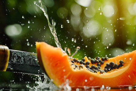papaya slices with knife and water drops and splashes on natural background, berrypunk, still lifeの素材