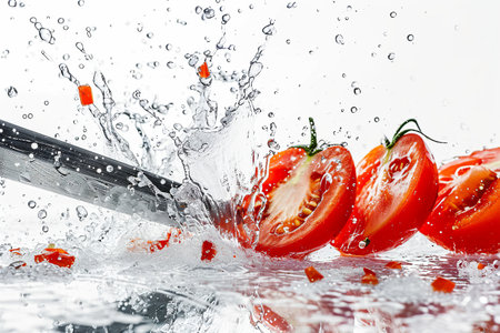 tomato slices with knife and water drops and splashes on white background, berrypunk, still lifeの素材