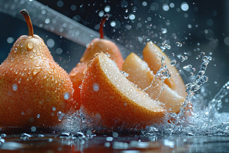 pear slices with knife and water drops and splashes on natural background, berrypunk, still lifeの素材