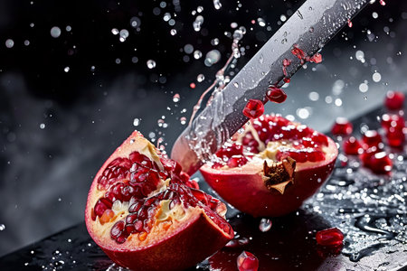 pomegranate slices with knife and water drops and splashes on natural background, berrypunk, still lifeの素材