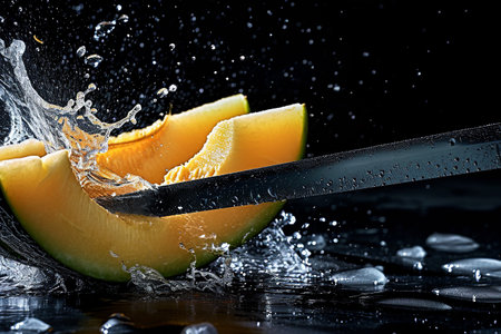 cantaloupe melon slices with knife and water drops and splashes on dark blue background, berrypunk, still lifeの素材