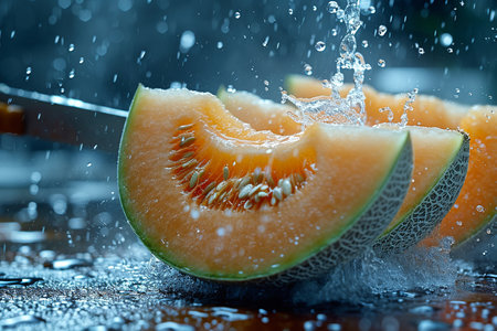 cantaloupe melon slices with knife and water drops and splashes on dark blue background, berrypunk, still lifeの素材