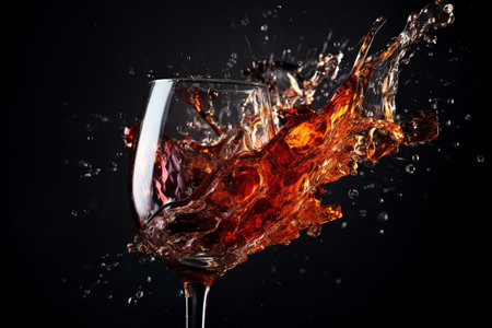 wine splashing into a glass, slow motion, long exposure, copy space on dark backgroundの素材
