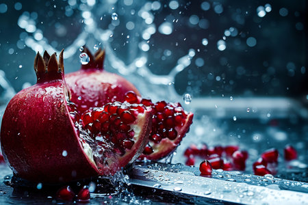 pomegranate slices with knife and water drops and splashes on natural background, berrypunk, still lifeの素材