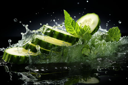 cucumber slices with knife and water drops and splashes on dark background, berrypunk, still lifeの素材