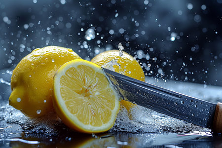 lemon slices with knife and water drops and splashes on blue background, berrypunk, still lifeの素材