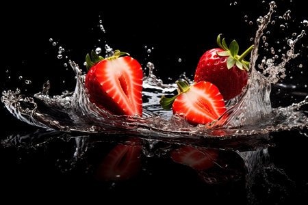 strawberry slices with knife and water drops and splashes on black background, berrypunk, still lifeの素材