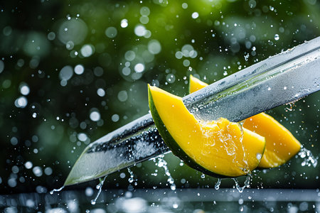 mango slices with knife and water drops and splashes on blue background, berrypunk, still lifeの素材