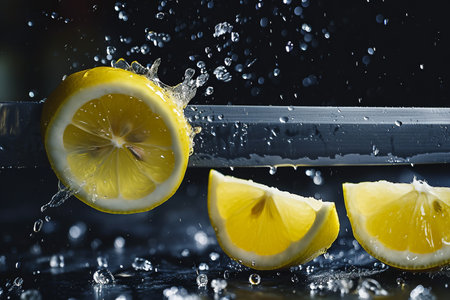 lemon slices with knife and water drops and splashes on dark blue background, berrypunk, still lifeの素材