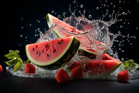 watermelon slices with knife and water drops and splashes on black background, berrypunk, still lifeの素材