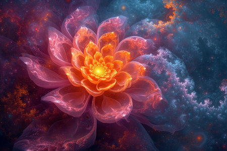 Psychedelic mandala fractal pattern, floral forms, vibrant, neon, vintage decorative element, purple, orange, blueの素材