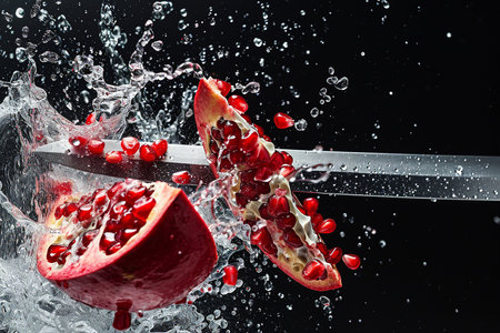 pomegranate slices with knife and water drops and splashes on black background, berrypunk, still lifeの素材