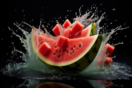 watermelon slices with knife and water drops and splashes on black background, berrypunk, still lifeの素材