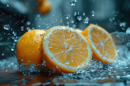 lemon slices with knife and water drops and splashes on blue background, berrypunk, still lifeの素材