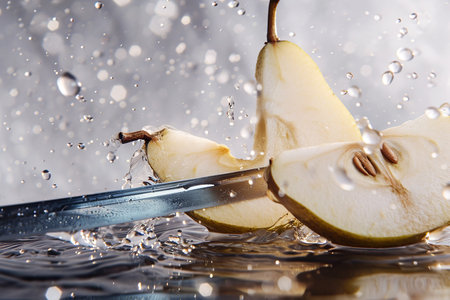 pear slices with knife and water drops and splashes on natural background, berrypunk, still lifeの素材