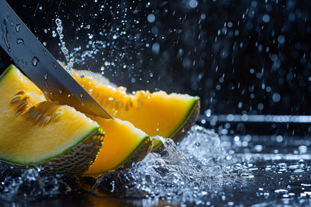 cantaloupe melon slices with knife and water drops and splashes on dark blue background, berrypunk, still lifeの素材