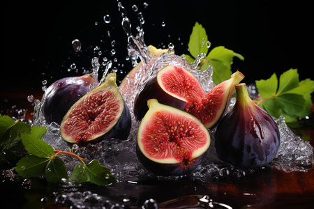 fig slices with knife and water drops and splashes on black background, berrypunk, still lifeの素材