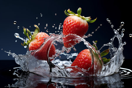 strawberry slices with knife and water drops and splashes on black background, berrypunk, still lifeの素材