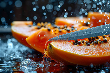 papaya slices with knife and water drops and splashes on natural background, berrypunk, still lifeの素材
