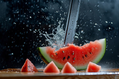 watermelon slices with knife and water drops and splashes on dark blue background, berrypunk, still lifeの素材
