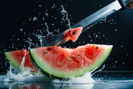 watermelon slices with knife and water drops and splashes on dark blue background, berrypunk, still lifeの素材